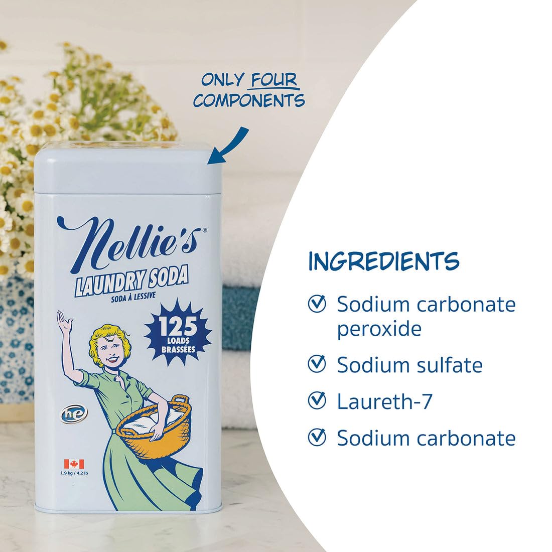 Nellie’s Laundry Soda 125 Loads - Laundry Powder Detergent - 4 Ingredients - No Residue - HE & Septic Safe - Made in Canada