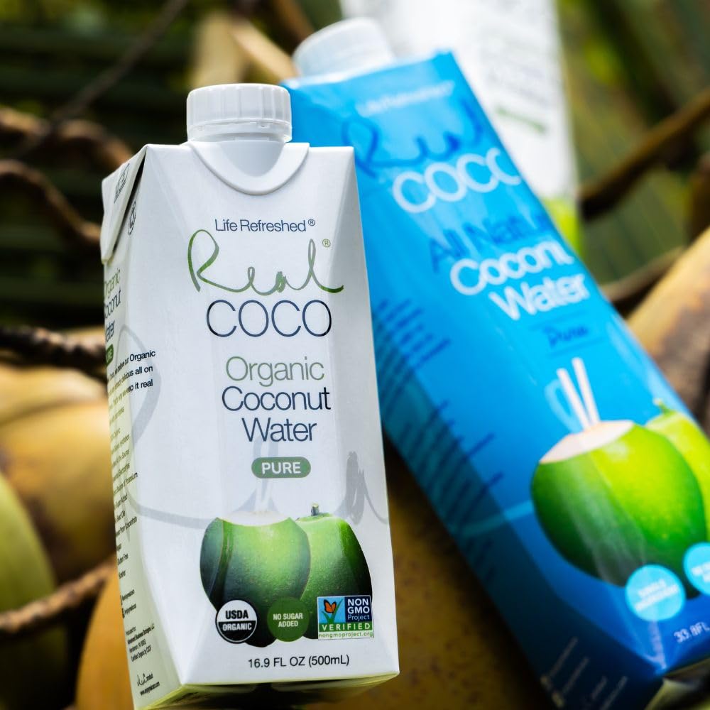 Real Coco Organic Pure Coconut Water 500mL, 100% USDA Organic Coconut Water, Packed with Electrolytes, Dairy/Soy Free, Vegan, Plant Based (12-pack