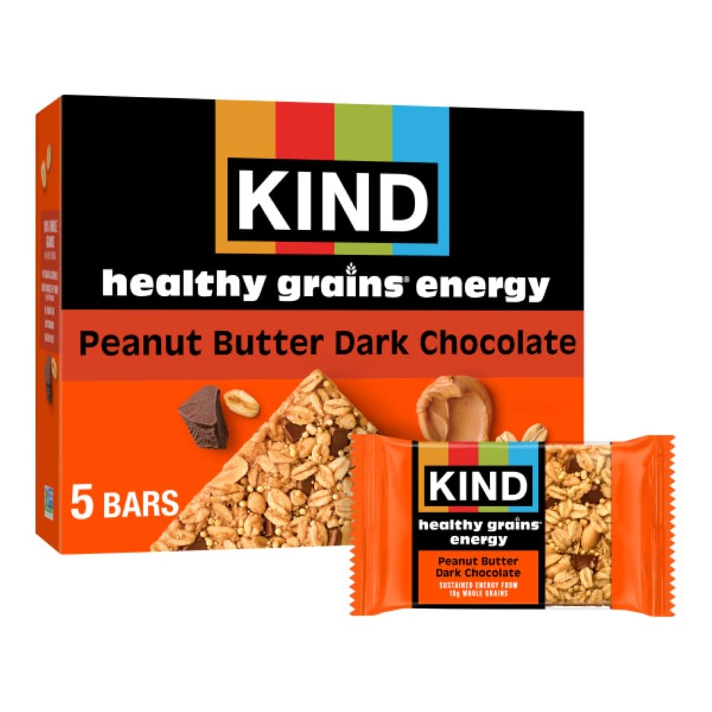 KIND Healthy Grains Energy Bars, Peanut Butter Dark Chocolate, Gluten Free, Healthy Snacks, 18g Whole Grains, 5 Count