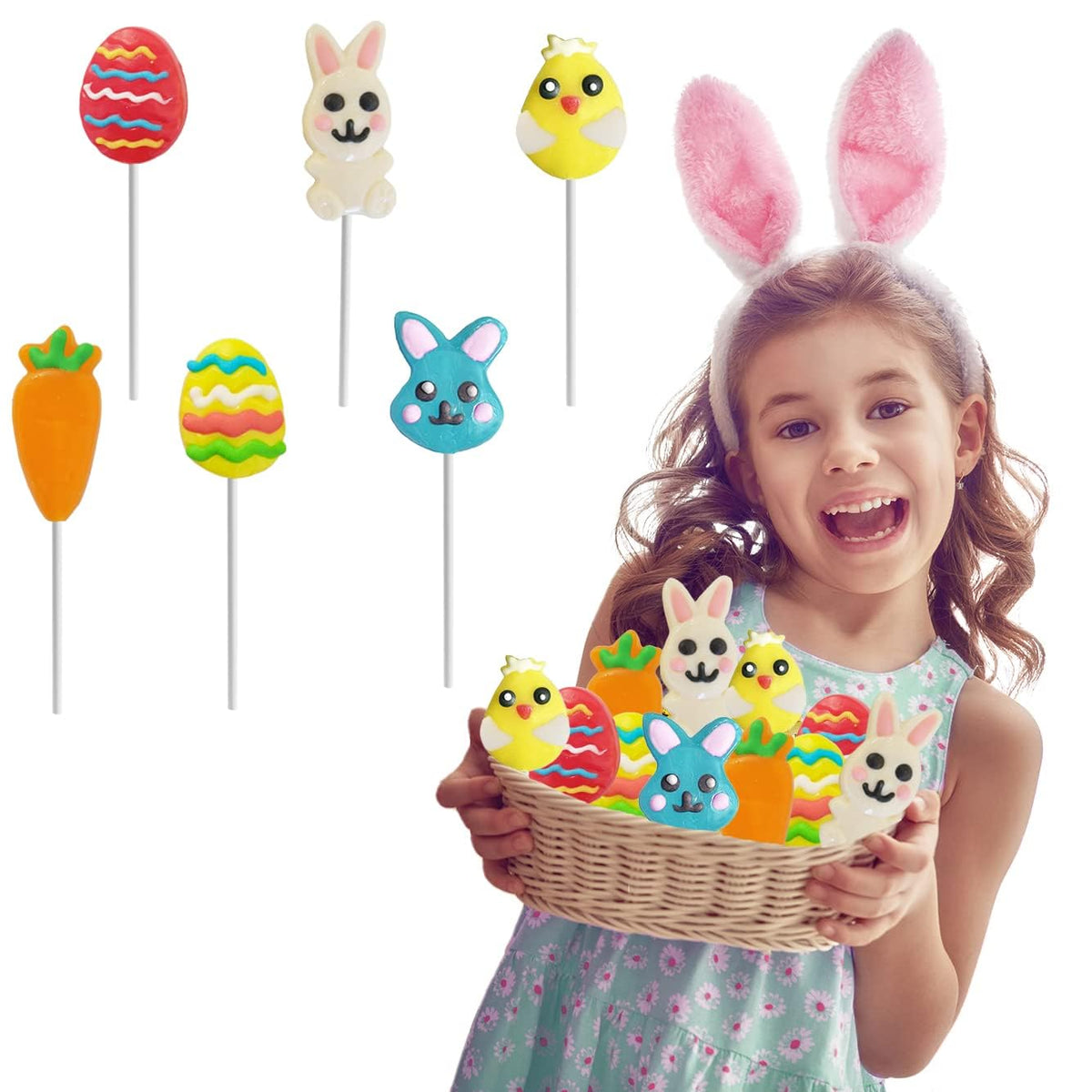 Happy Easter Variety Pack Lollipops Suckers, Colorful Easter Eggs, Yellow Bunny Rabbit, Orange Carrot Designs Fat-Free, Individually Wrapped Easter