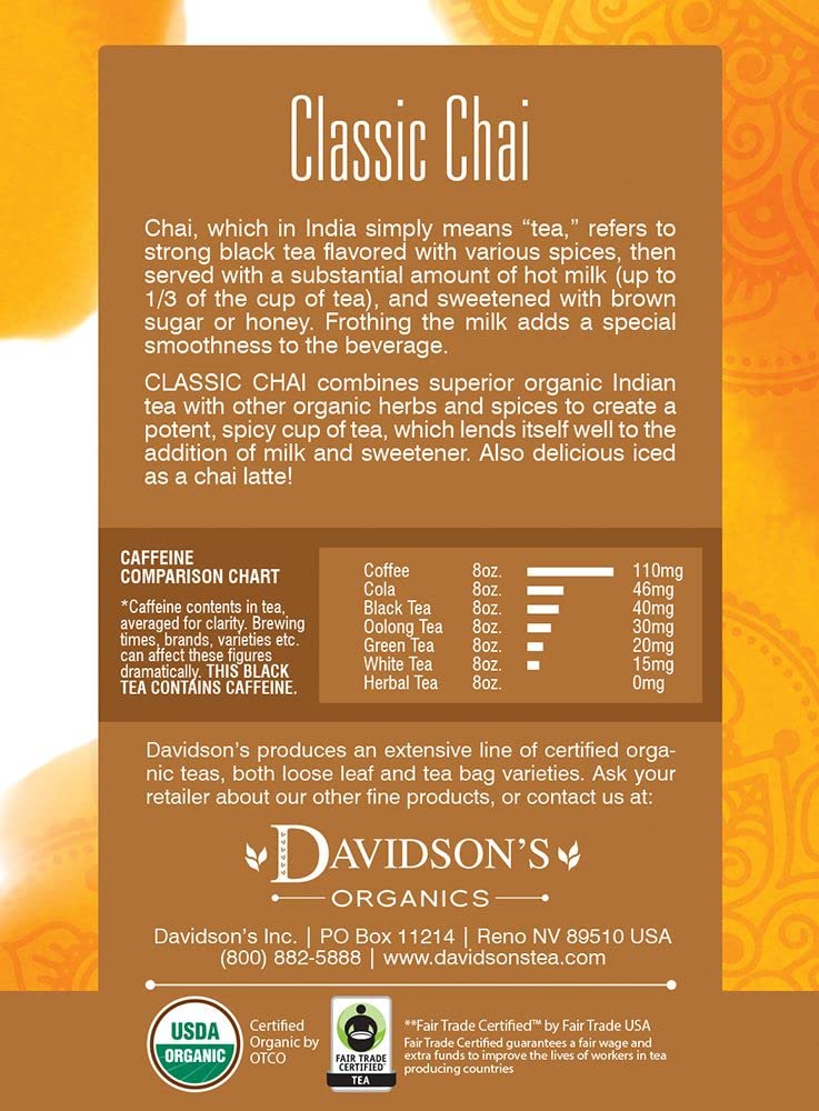 Davidson's Organics, Classic Chai, 8-count Tea Bags, Pack of 12