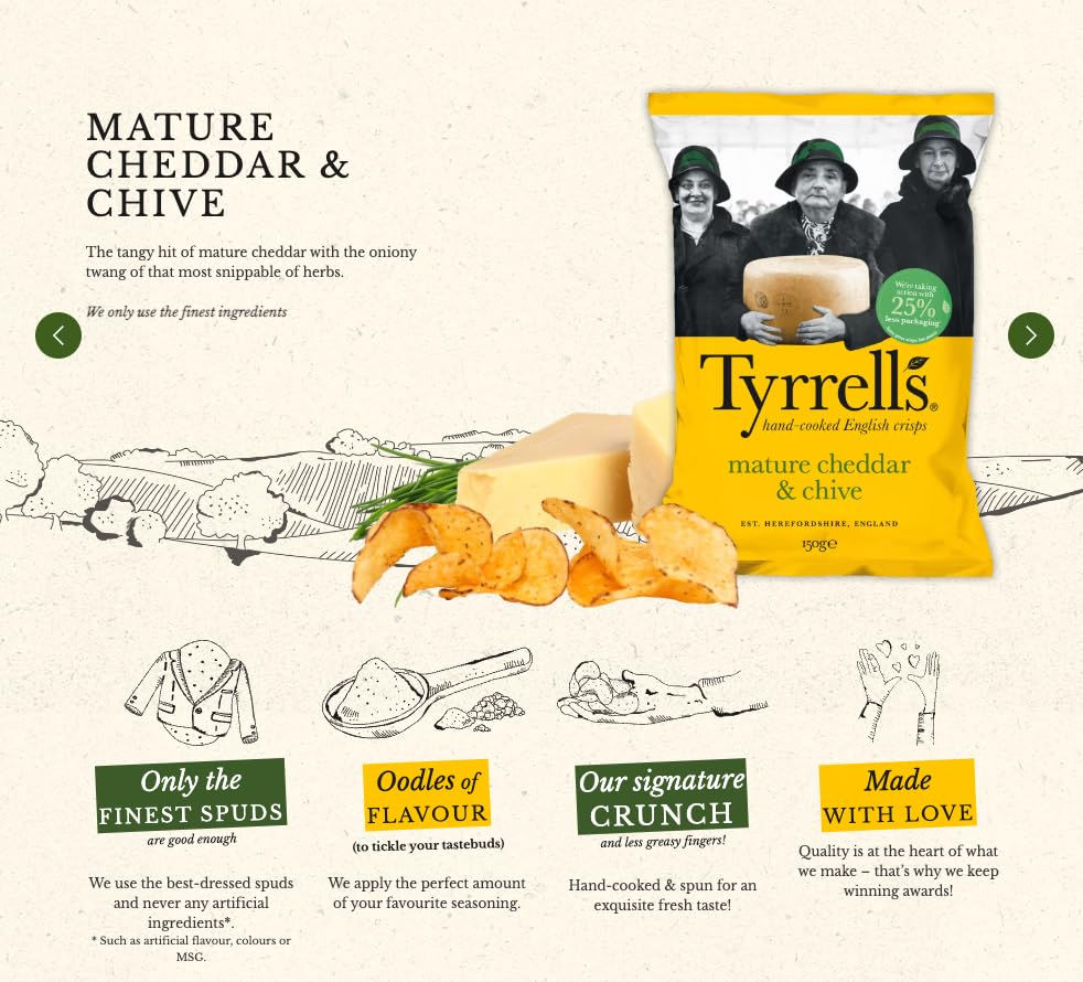 Tyrrells Hand Cooked English Crisps - Mature Cheddar & Chives (150g)