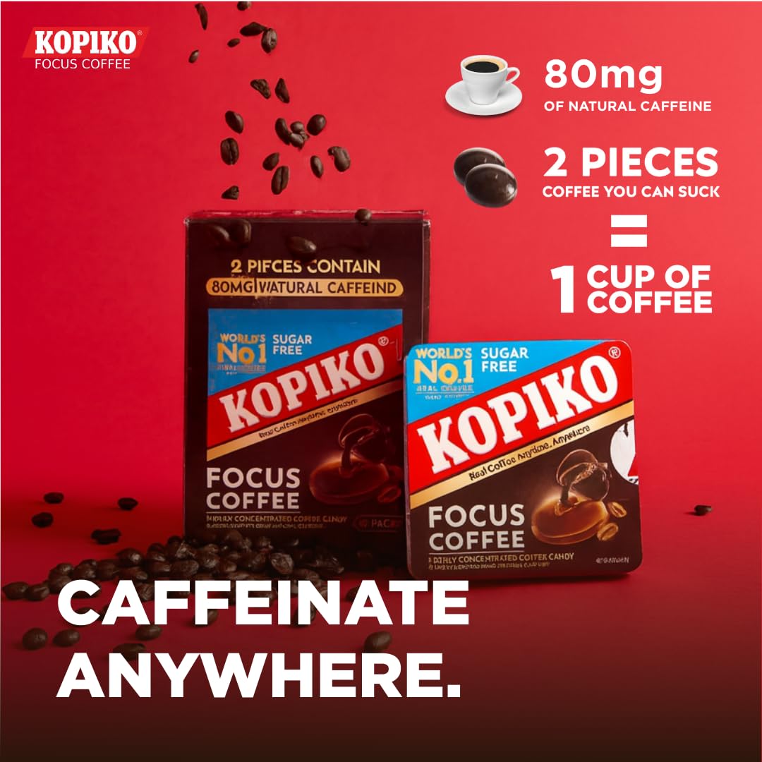 Kopiko Focus Coffee Candy - Have 80mg Caffeine per 2 Pieces for Energy & Mental Focus - Sugar-Free Hard Candy with Real Indonesian Coffee Extract (6