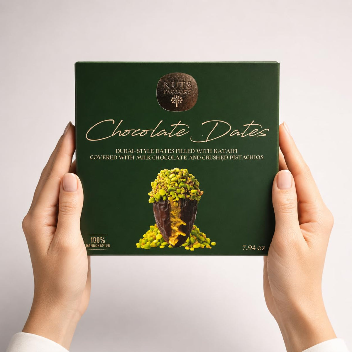 Nuts Factory Chocolate Dates - Dubai Style Milk Chocolate Covered Dates with Kataifi, Pistachio Sauce & Crushed Pistachios, Gourmet Stuffed Dates