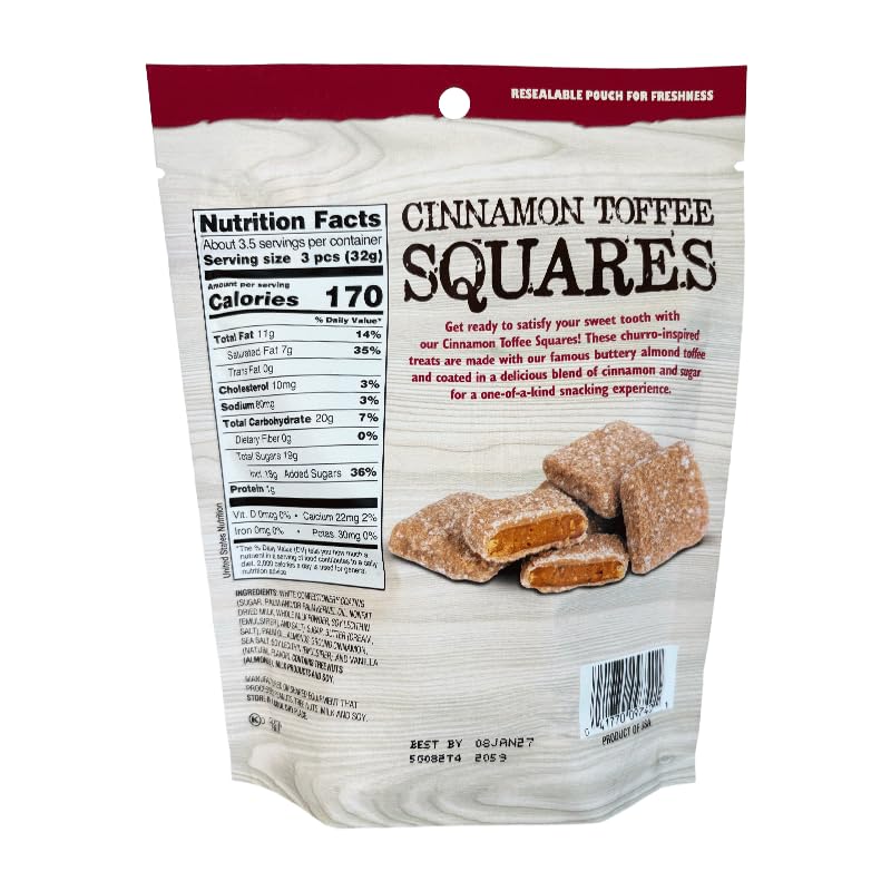Brown & Haley Cinnamon Toffee Squares - 4.4oz Bag - Churro Inspired English Toffee Candy with Cinnamon, Sugar & Sea Salt - Gourmet Candy for Gifting
