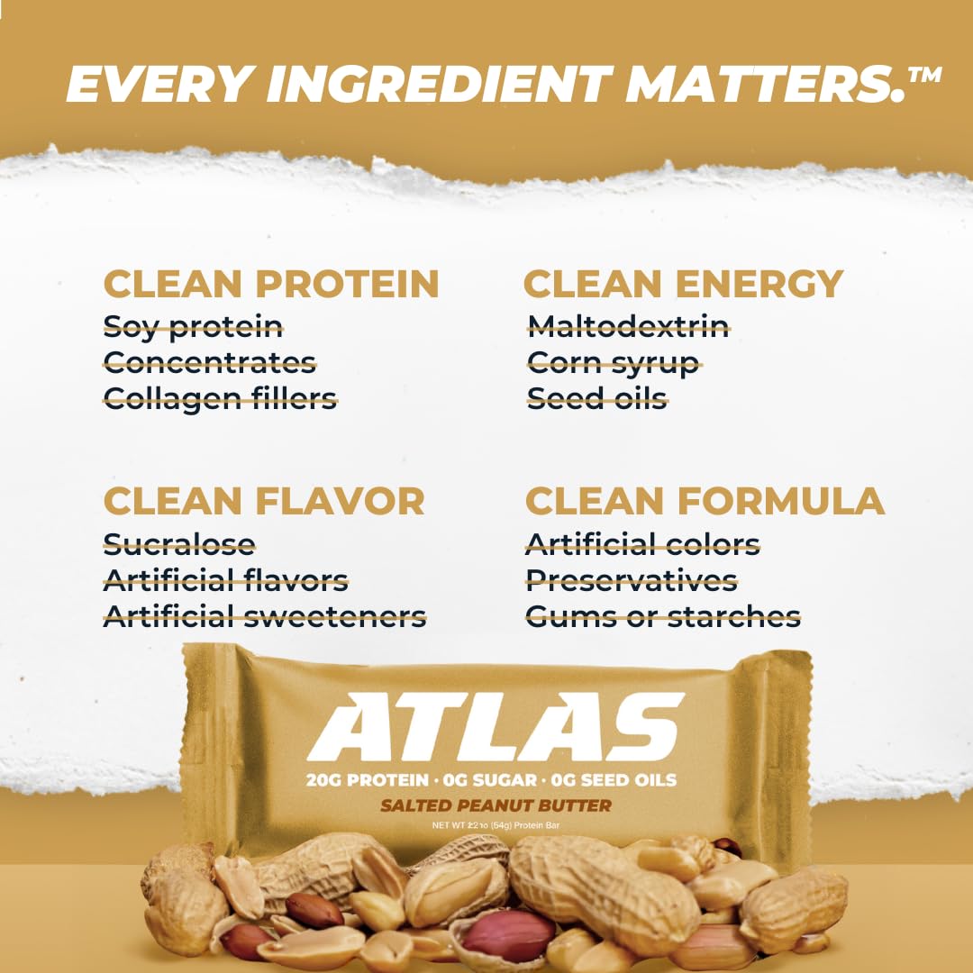 Atlas Real Food Protein Bar - 20g Protein, 11g Fiber, 1g Sugar, No Seed Oils, No Artificial Sweeteners (Salted Peanut Butter, 12 Count)