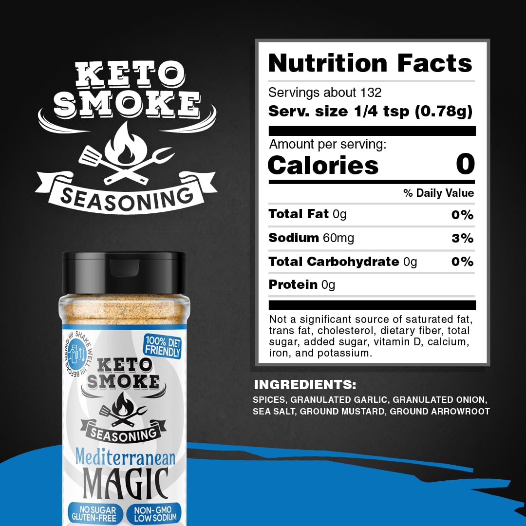 Keto Smoke Mediterranean Magic - All Purpose Herbaceous Seasoning, 3.5 oz Bottle | Diet Friendly, Sugar-Free, Gluten-Free, Low Sodium, Non-GMO
