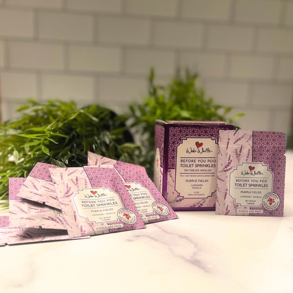 Wabi Whiffs On-the-Go Toilet Sprinkles Singles - Purple Fields (12 Count) | Natural Bathroom Deodorizer | Odor Eliminator Packets for Freshness