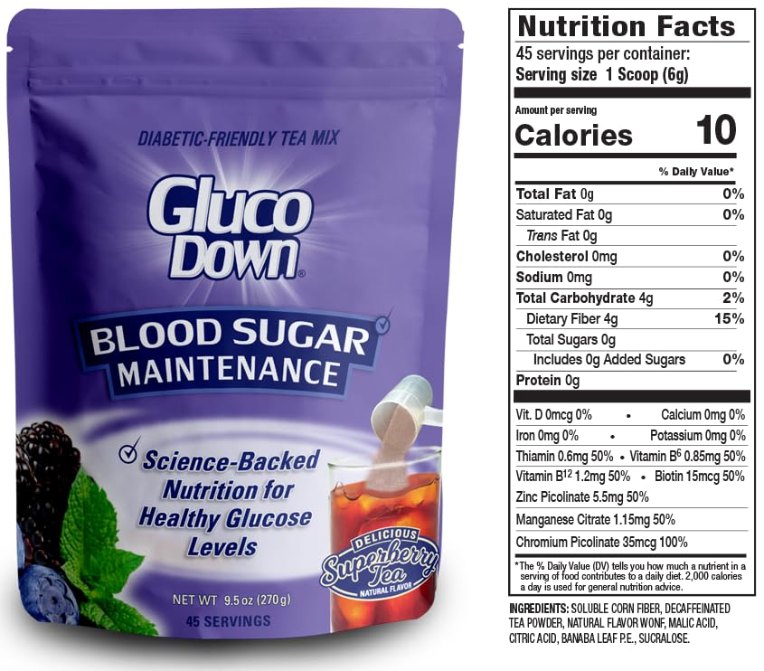 GLUCODOWN, Delicious Super Berry Tea Mix, Patent Pending Dietary Fiber Formula for Maintenance of Healthy Blood Sugar & Cholesterol, 45 Servings.