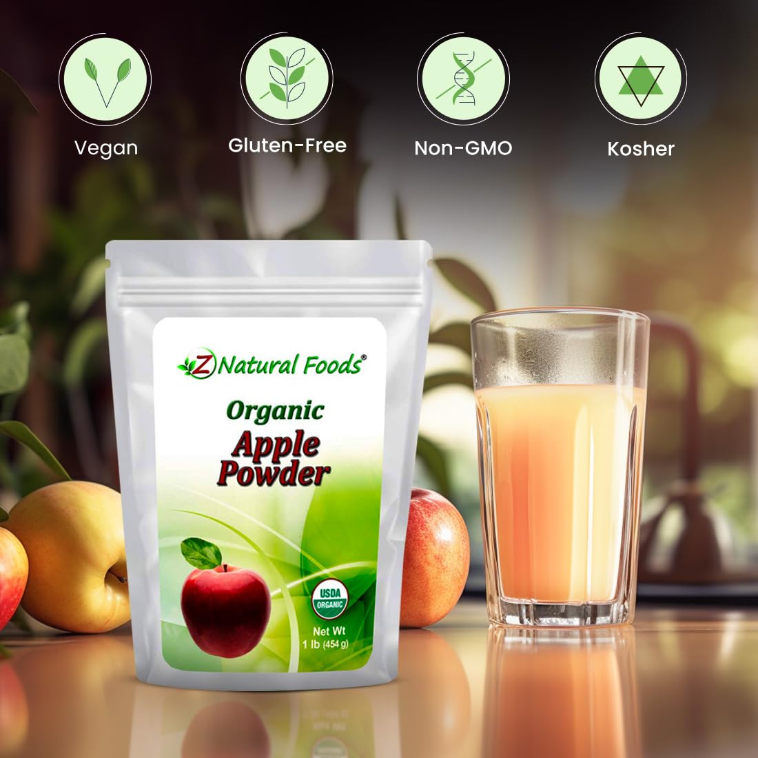 Z Natural Foods Organic Apple Powder, Superfood Powder for Digestive Support and Energy Boost, Ideal for Juice, Smoothies, and Recipes, Non-GMO