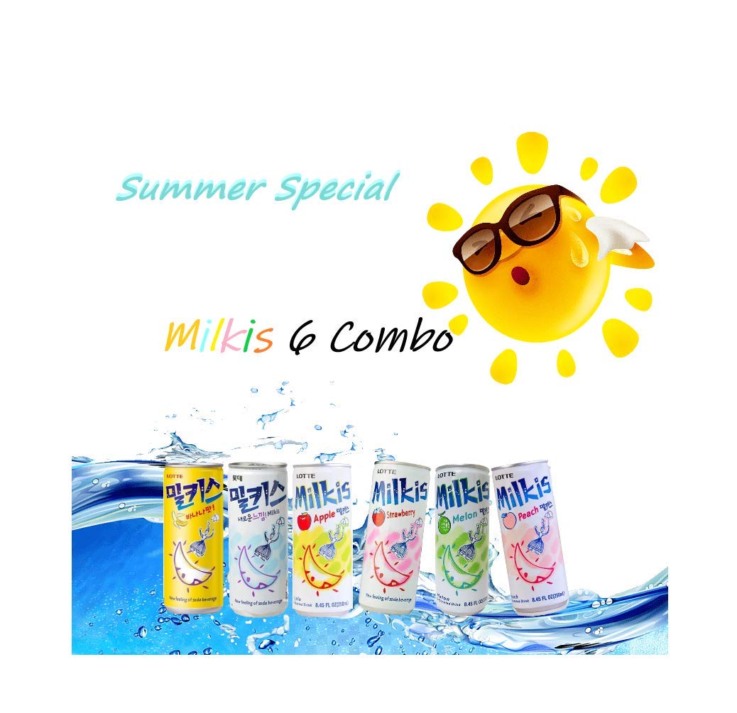 Lotte Milkis 6 Flavors Combo (Original, Apple, Melon, Peach, Banana, & Strawberry) (6 x 4 cans, 8.45 FL Oz(Pack of 24))