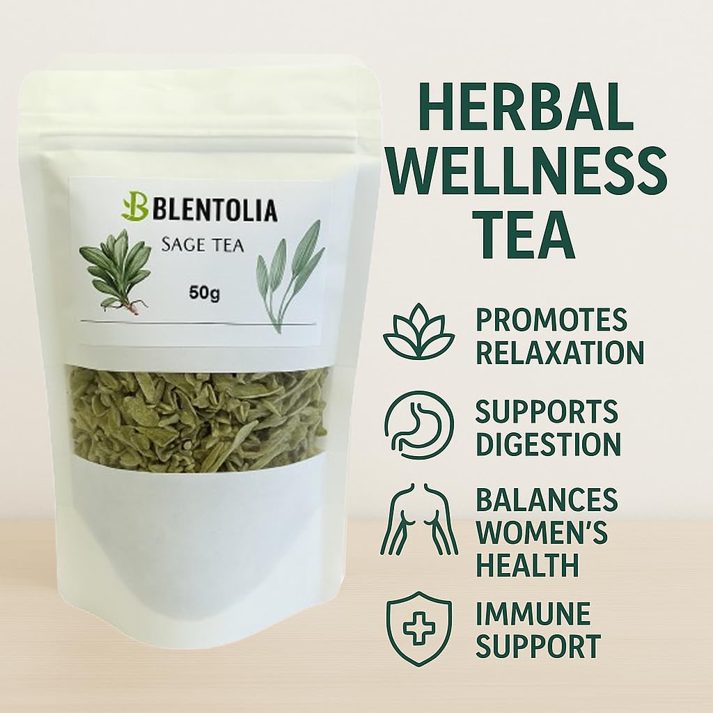 Blentolia Sage Tea - 100% Natural Dried Sage Leaves - Herbal Wellness Tea for Relaxation, Digestion & Immune Support - 50g Resealable Pouch