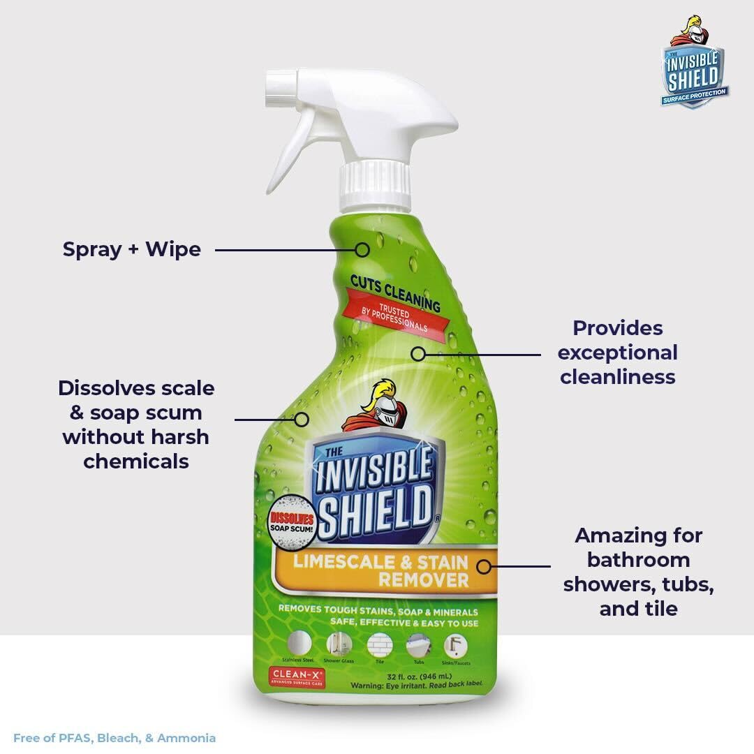 Invisible Shield Limescale & Stain Remover 32 fl. oz - Spray Away Hard Water & Soap Scum by UNELKO- Clean-X 2 pack