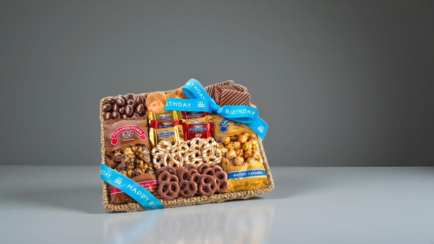 A Gift Inside Birthday Chocolate Caramel and Crunch Grand Gift Basket with Snacks, Pretzels, Ghirardelli and Chocolate-covered Nuts