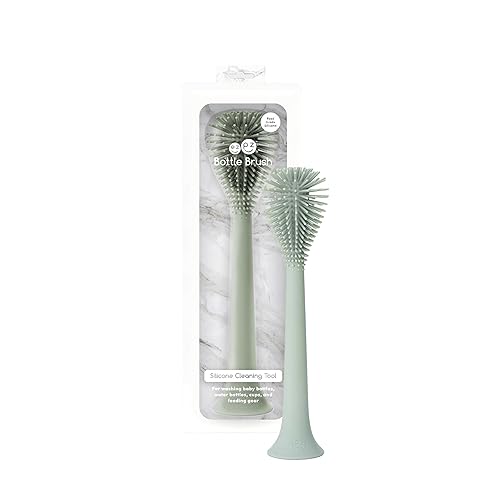 ezpz Bottle Brush (Sage) - Odor-Resistant Silicone Cleaning Tool with Long Sturdy Handle and Suction Base - Flexible Top for Tight Spaces - Gently