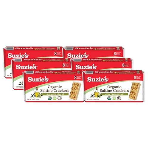Suzie's Organic Saltines Crackers|Salted w/Extra Virgin Olive Oil|Low Saturated Fat|Healthy Gourmet Baked Vegan Snack for Adults & Children| 6 Packs
