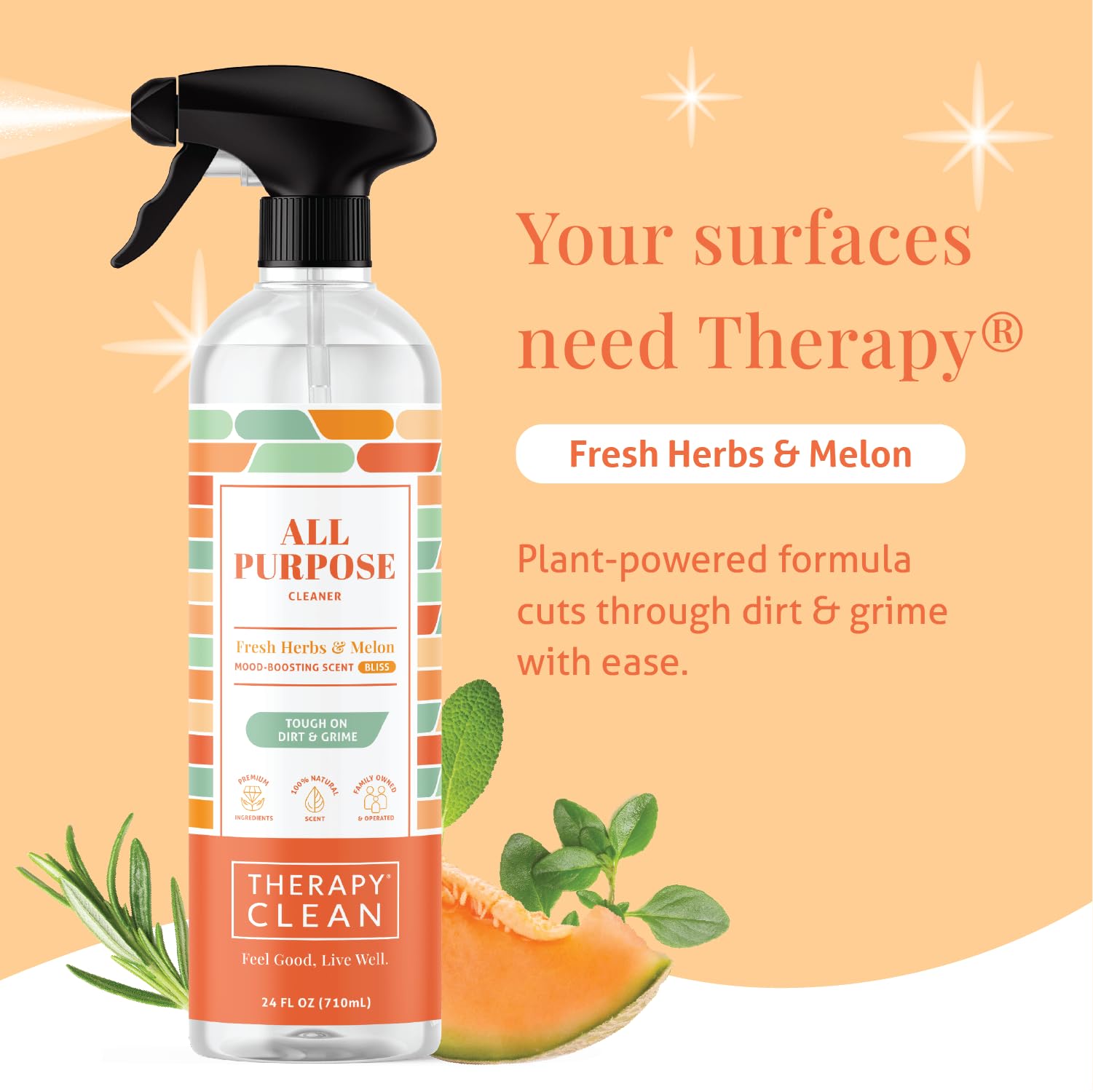 Therapy Clean All Purpose Cleaning Spray - Fresh Herbs & Melon 24 fl. oz - 100% Natural Scent, Kitchen Surface Counter, Surface Cleaner, Non Toxic All