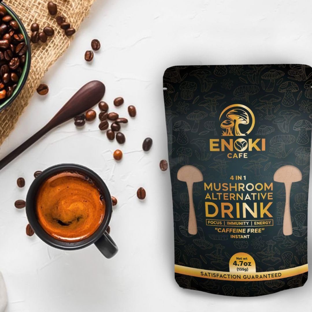 Enoki 4in1 Mushroom Alternative Drinks | Caffeine Free | Mushroom Coffee | A unique blend of Shiitake, Cordyceps, Chaga, and Lion's Mane Mushrooms.