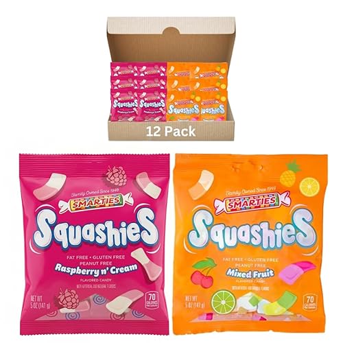 Smarties Squashies Variety Pack Foam Marshmallows Gummy Candies - Raspberry & Cream and Mixed Fruit Flavored - Allergen Free, Peanut Free & Gluten