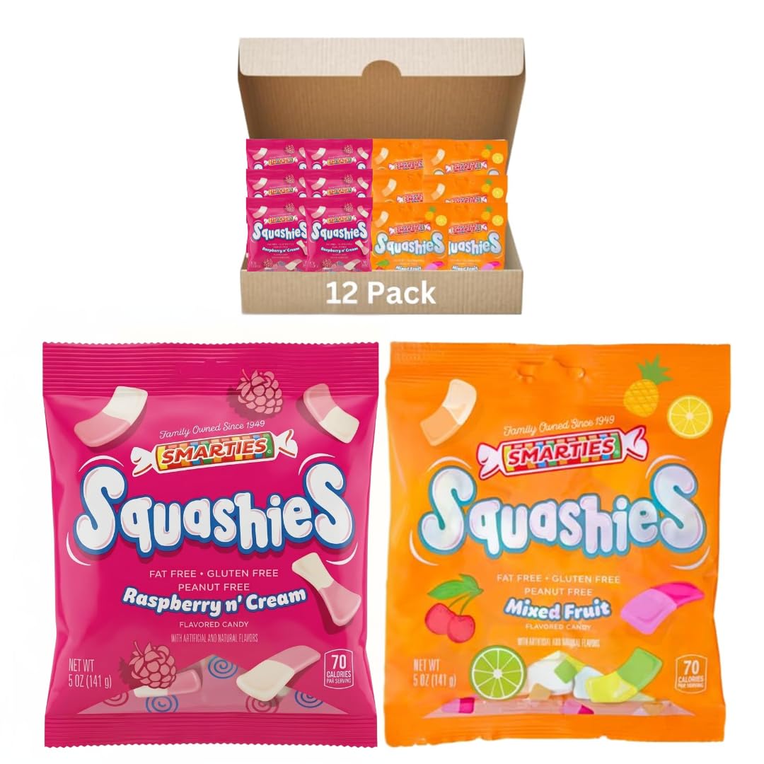Smarties Squashies Variety Pack Foam Marshmallows Gummy Candies - Raspberry & Cream and Mixed Fruit Flavored - Allergen Free, Peanut Free & Gluten