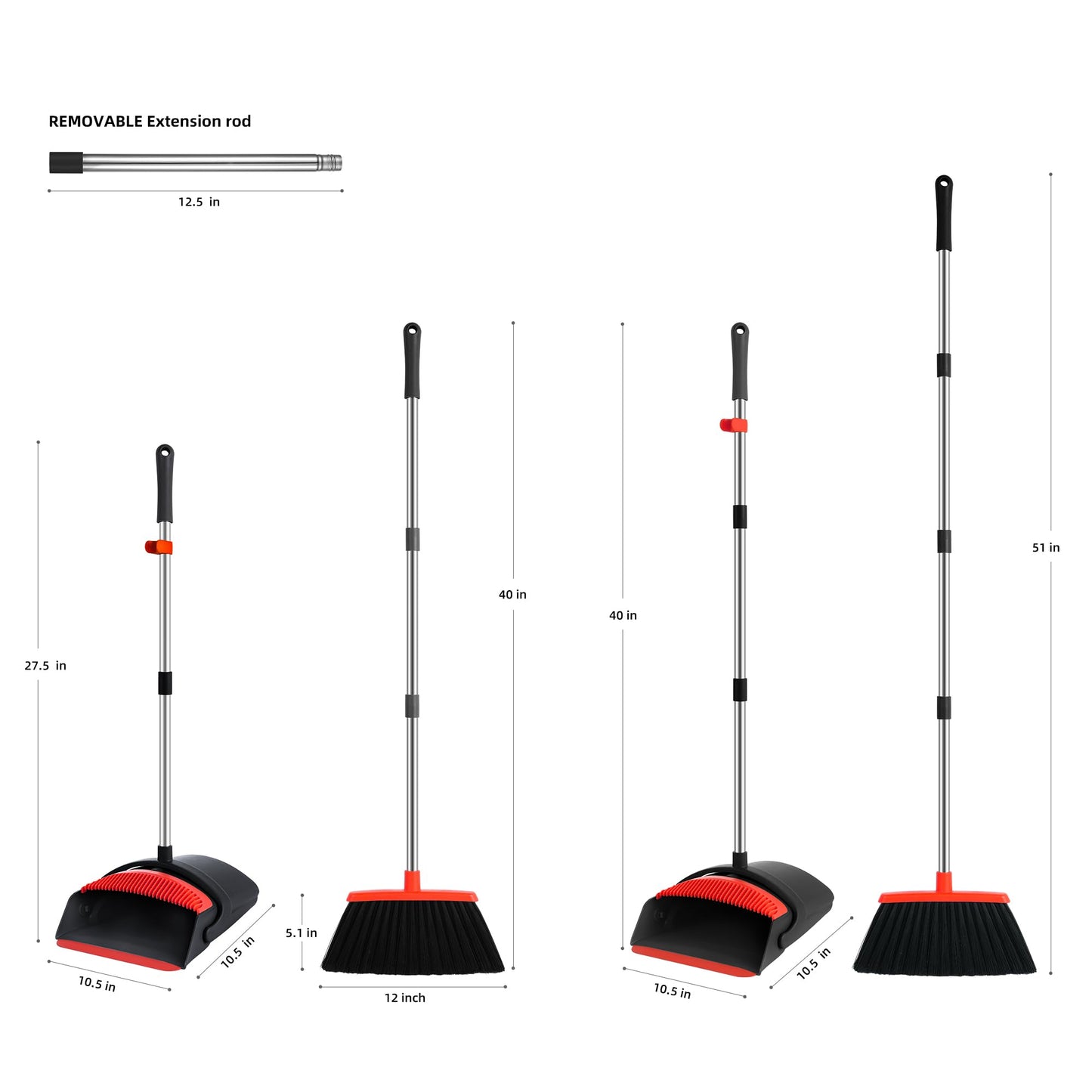 BSKLIN Broom and Dustpan Set for Home, 52" Long Handle Standing Broom Set with Dustpan Self-Cleaning Teeth for Hair Removal Heavy Duty Indoor Outdoor