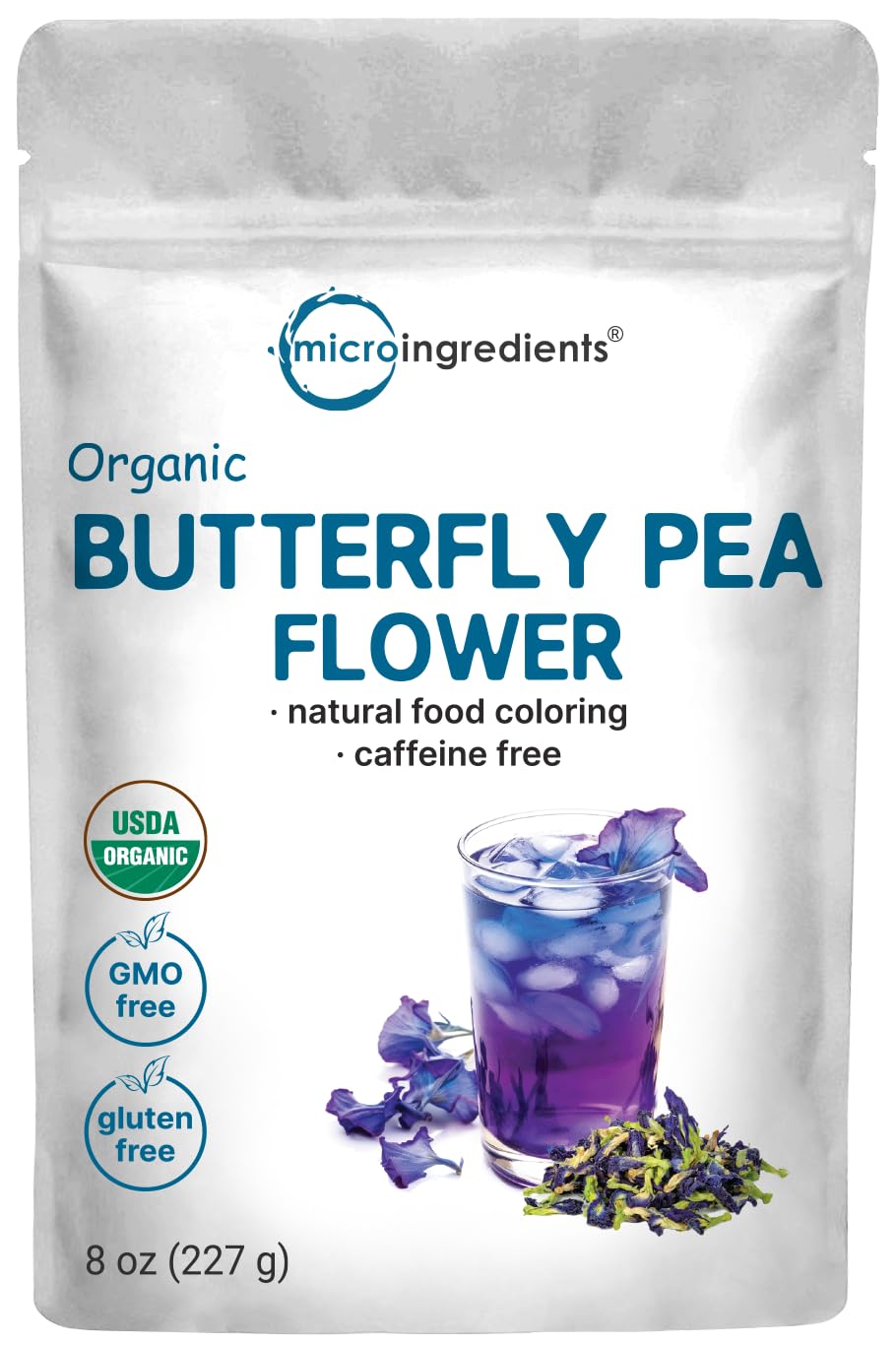 Micro Ingredients Organic Butterfly Pea Flower Tea, 8 oz (680+ Cups) | Loose Leaf Herbal Tea | Natural Blue & Purple Color | Rich in Antioxidants |
