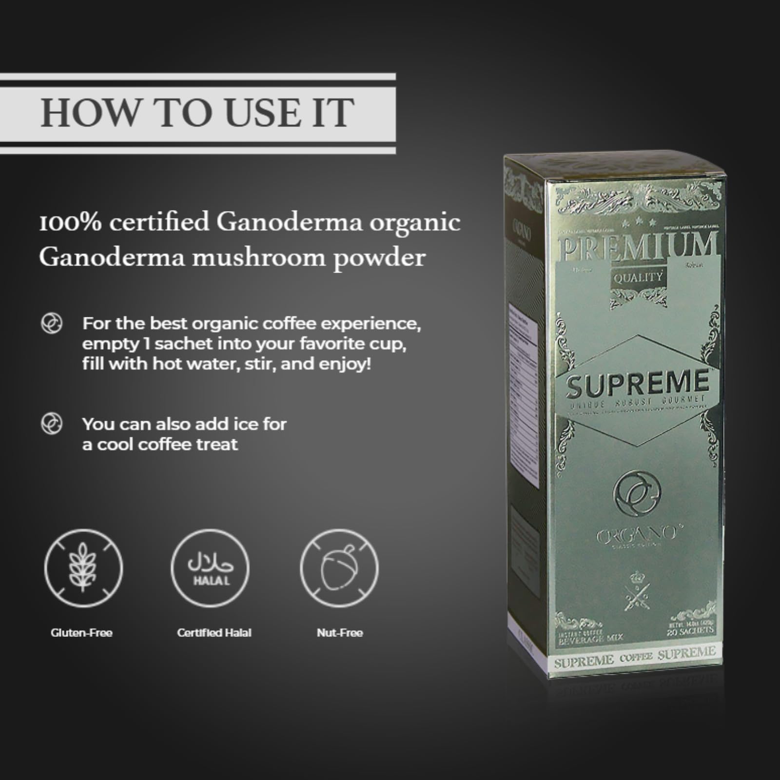 4 Boxes ORGANO Café Supreme, 100% Ganoderma Lucidum with Ginseng (80 Sachets)