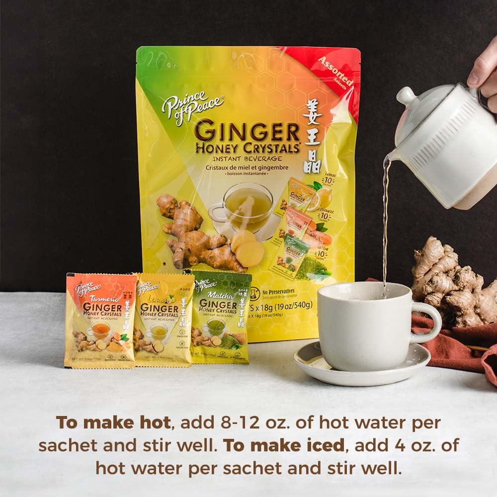 Prince of Peace Instant Ginger Honey Crystals Assorted, 30 Sachets - Instant Hot or Cold Beverage that Soothes Throat - Easy to Brew - Drink Like a