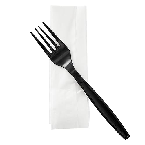 Karat [ 500 ct ] Black Wrapped PP Plastic Cutlery Set with Napkin (Fork, 1-ply Napkin) U2206B