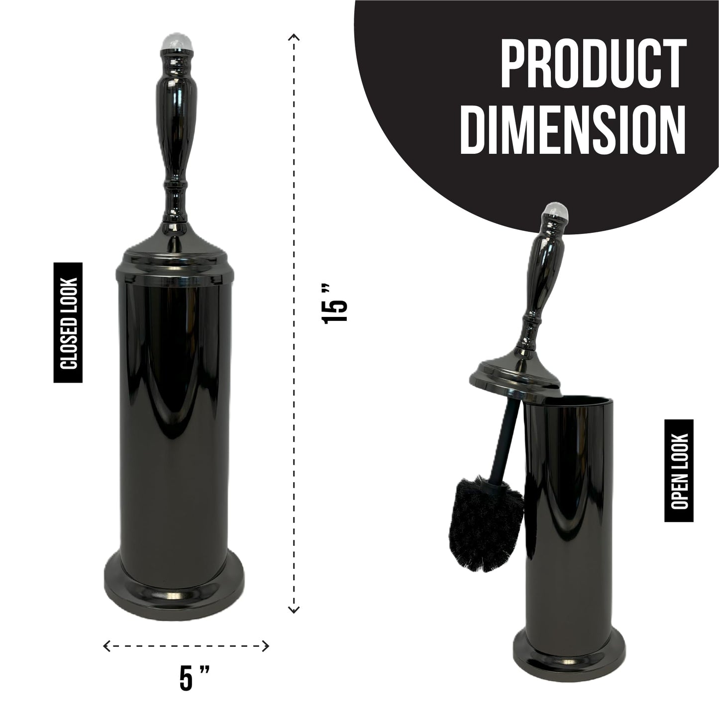 Splash Home Buena Stainless Steel Toilet Brush with Holder, Bowl Scrubber with Durable Cleaning Bristles, Hidden Brush with Splash Protective Disc