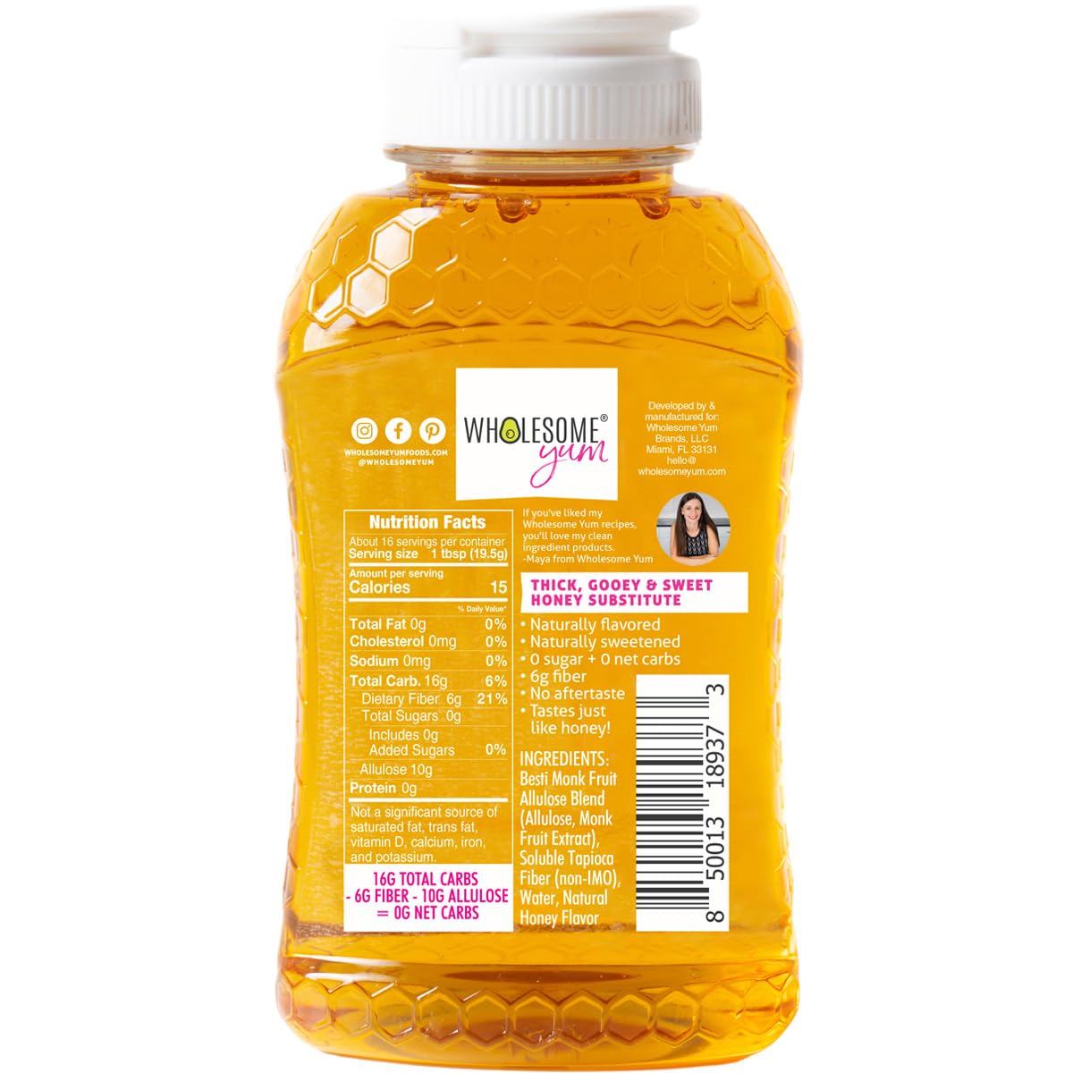 Wholesome Yum Zero Sugar Honey Substitute (Keto) - Natural Sugar Free Honey Alternative With Monk Fruit & Allulose - Zero Net Carbs, Non GMO, Gluten Free, No Aftertaste (11 oz)