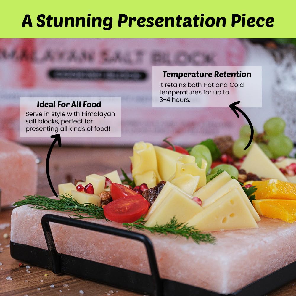 POHS Himalayan Salt Block Cooking Plate 12x8x1.5 for Cooking, Grilling, Cutting and Serving, with Metal Tray & Recipe Booklet Unique Gifts for Men