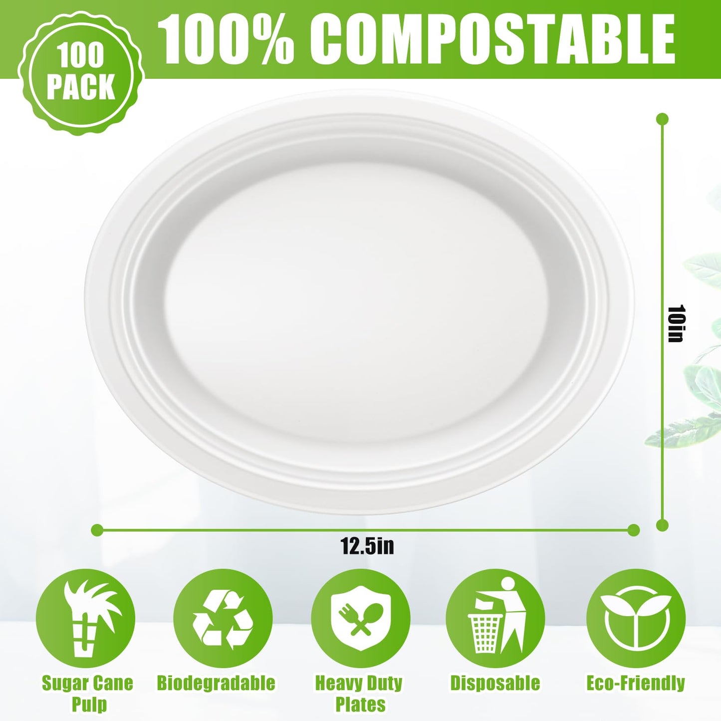 IJRPLM Oval Paper Plates,100 Pack 100% Compostable Oval Plates, 12 Inch Heavy Duty Paper Plates,Large Paper Plates,Eco-Friendly Biodegradable