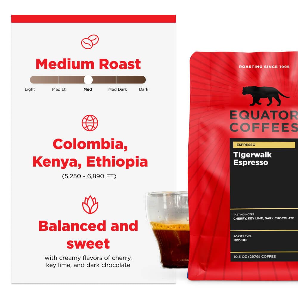 Equator Coffees, Tigerwalk Espresso, Fine Ground Coffee, Medium Roast, Fresh Roasted, Cherry, Chocolate, Strawberry and Lemon Flavor Notes