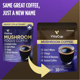VitaCup Mushroom Instant Coffee | For Memory & Clarity Support | with Fiber, Chaga, Lion’s Mane | D3 & B Vitamins | Medium Roast 100% Arabica