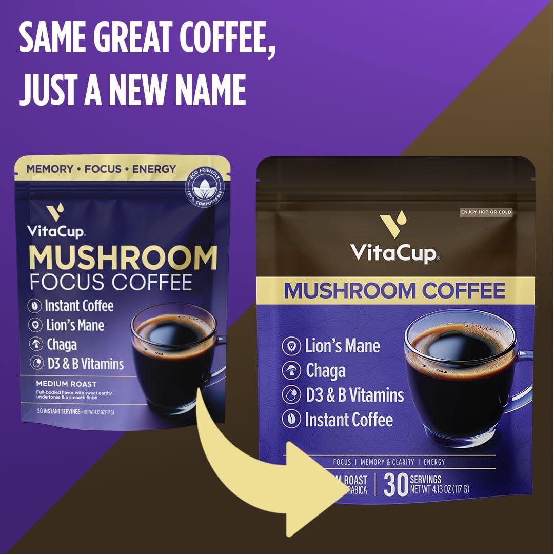 VitaCup Mushroom Instant Coffee | For Memory & Clarity Support | with Fiber, Chaga, Lion’s Mane | D3 & B Vitamins | Medium Roast 100% Arabica