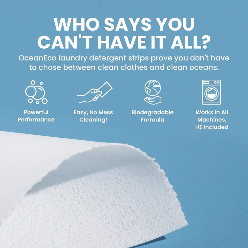 OceanEco™ Earth-Friendly Laundry Detergent Strips - 64 Loads | Ultra-Concentrated, Zero-Waste, Biodegradable, Cruelty-Free & Vegan (Fragrance Free)