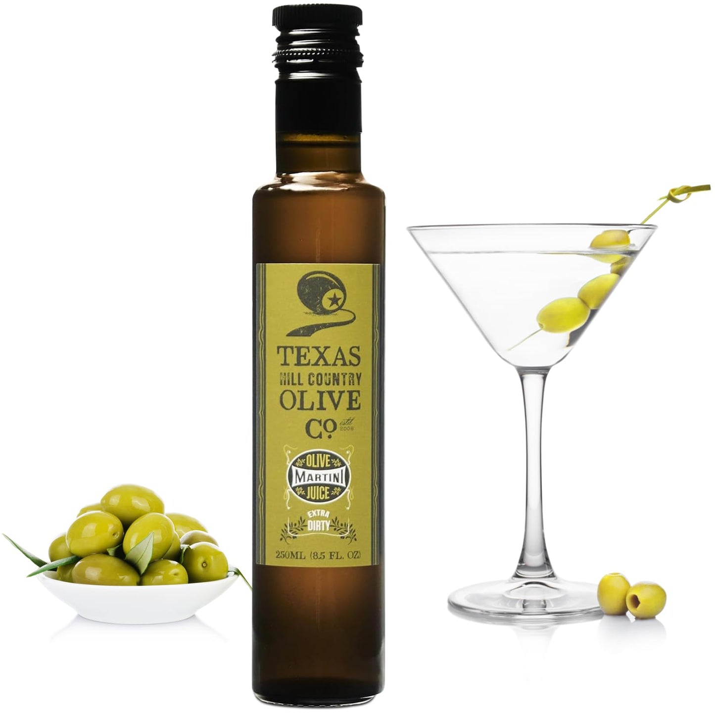 Texas Hill Country Olive Co. Extra Dirty Martini Olive Juice - Premium Olive Brine for Bold Flavor, Classic Cocktail Mixer & Home Bar Essential - Made
