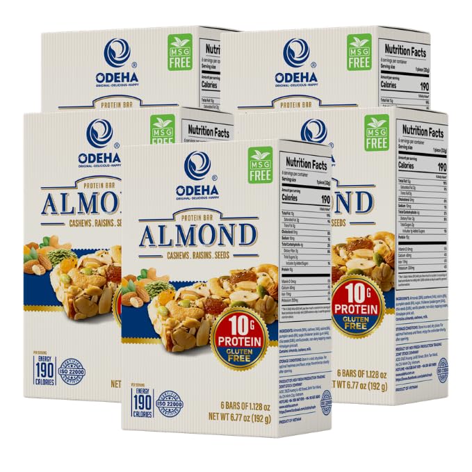 ODEHA Almond Protein Bar - Vegan Snack Bars with Cashews, Raisins & Seeds - MSG Free - Premium Asian Chips - Healthy Snack for Adults and Kids - 6.77
