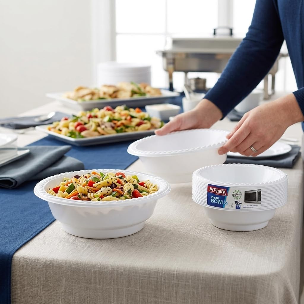 Propack [100 Count] Disposable Plastic White 18 oz Heavy Weight Bowls, Great For Weddings, Home, Office, School, Party, Picnics, Take-out, Fast Food