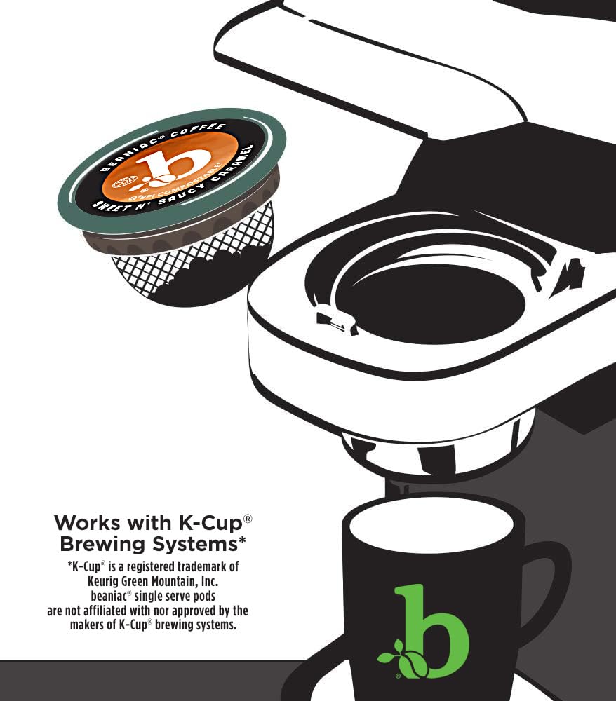 beaniac Sweet n' Saucy Caramel, Flavored Light Roast, Single Serve Compostable K Cup Coffee Pods, Arabica Coffee with Natural Flavors, Keurig Brewer