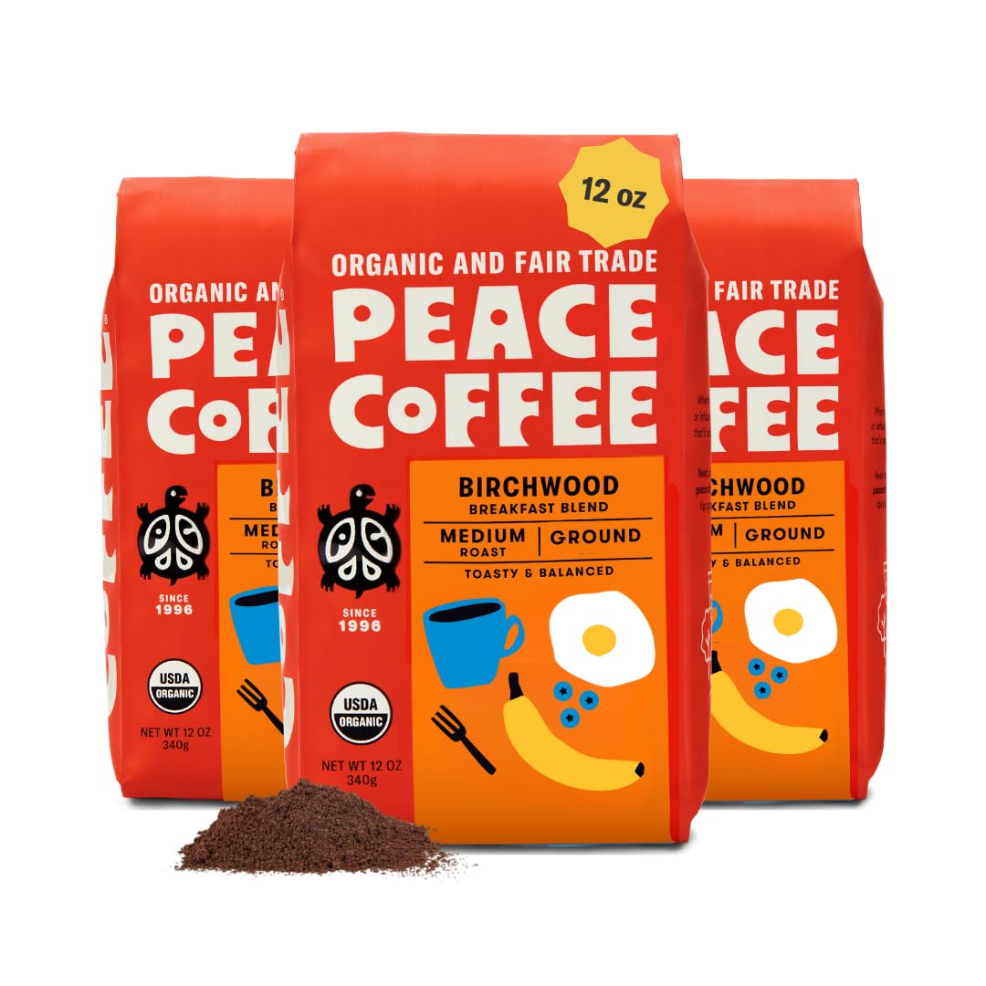 Peace Coffee Birchwood Breakfast Blend Ground Medium Roast Coffee, 12 oz, Pack of 3, Organic Fair Trade, Smooth, Mild Flavor, Shade Grown, Fresh
