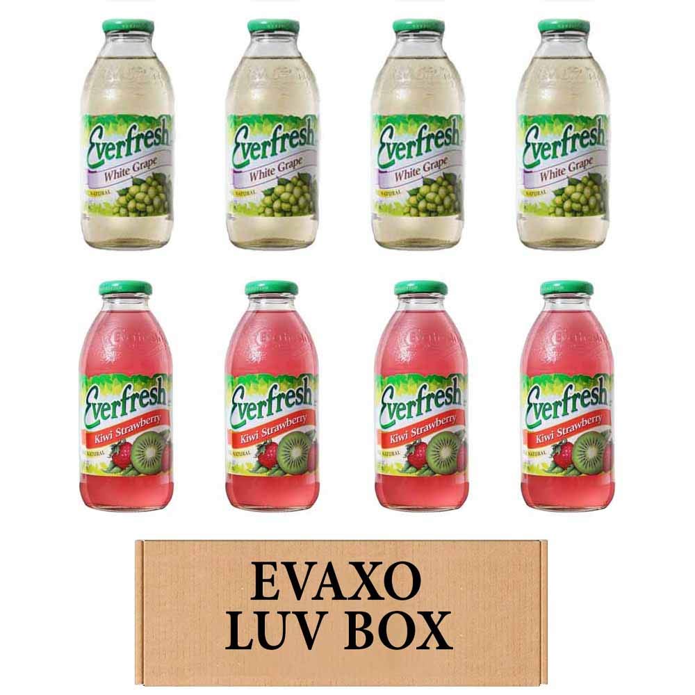 LUV BOX- variety Everfresh Juice 16 oz. pack of 8 , Everfresh White Grape , Everfresh 100% Juice- Kiwi Strawberry. by evaxo