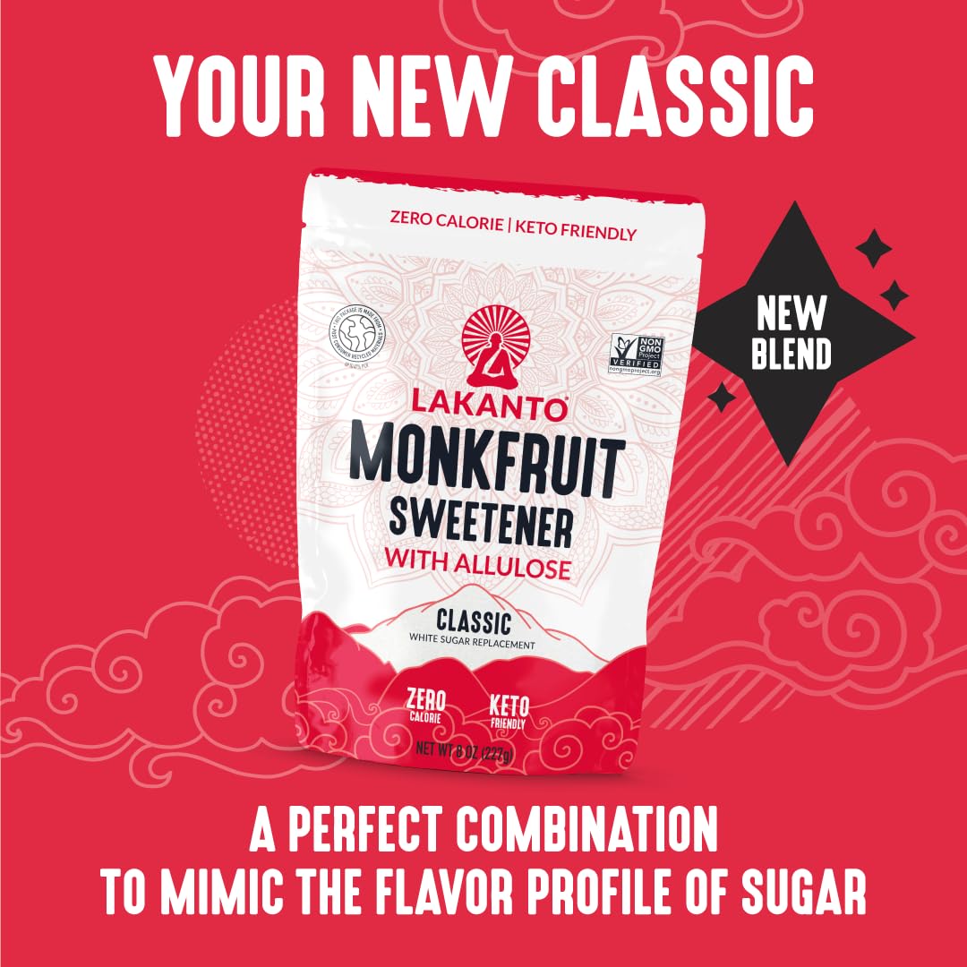 Lakanto Classic Monk Fruit Sweetener With Allulose, White Sugar Substitute From Monk Fruit Extract for Baking, Coffee & Tea, Gluten Free, Zero Calorie, Low Carb, Non GMO, Keto, Classic White, 8 OZ Bag