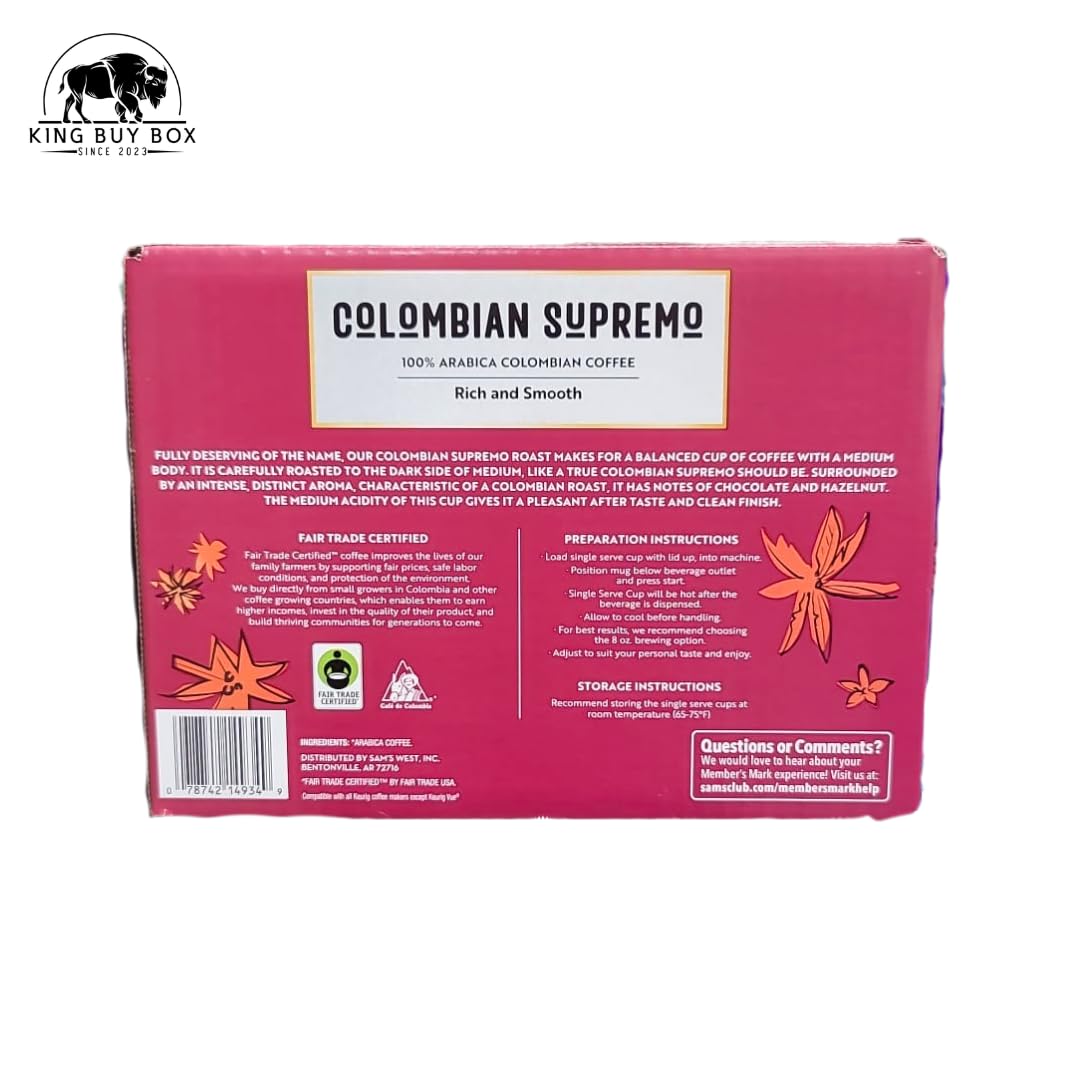 KING BUY BOX 1 PCS cup Bundle with Colombian Supremo Medium-Dark Roast Coffee Pods, 100 ct. compatible with Members Mark
