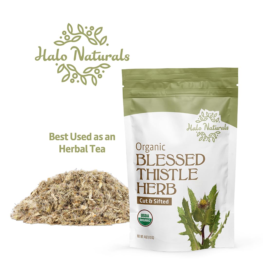 Halo Naturals Organic Blessed Thistle Herb Cut & Sifted, 4 Ounces (Cnicus benedictus) USDA Certified | Resealable Pouch| Packaged in The USA