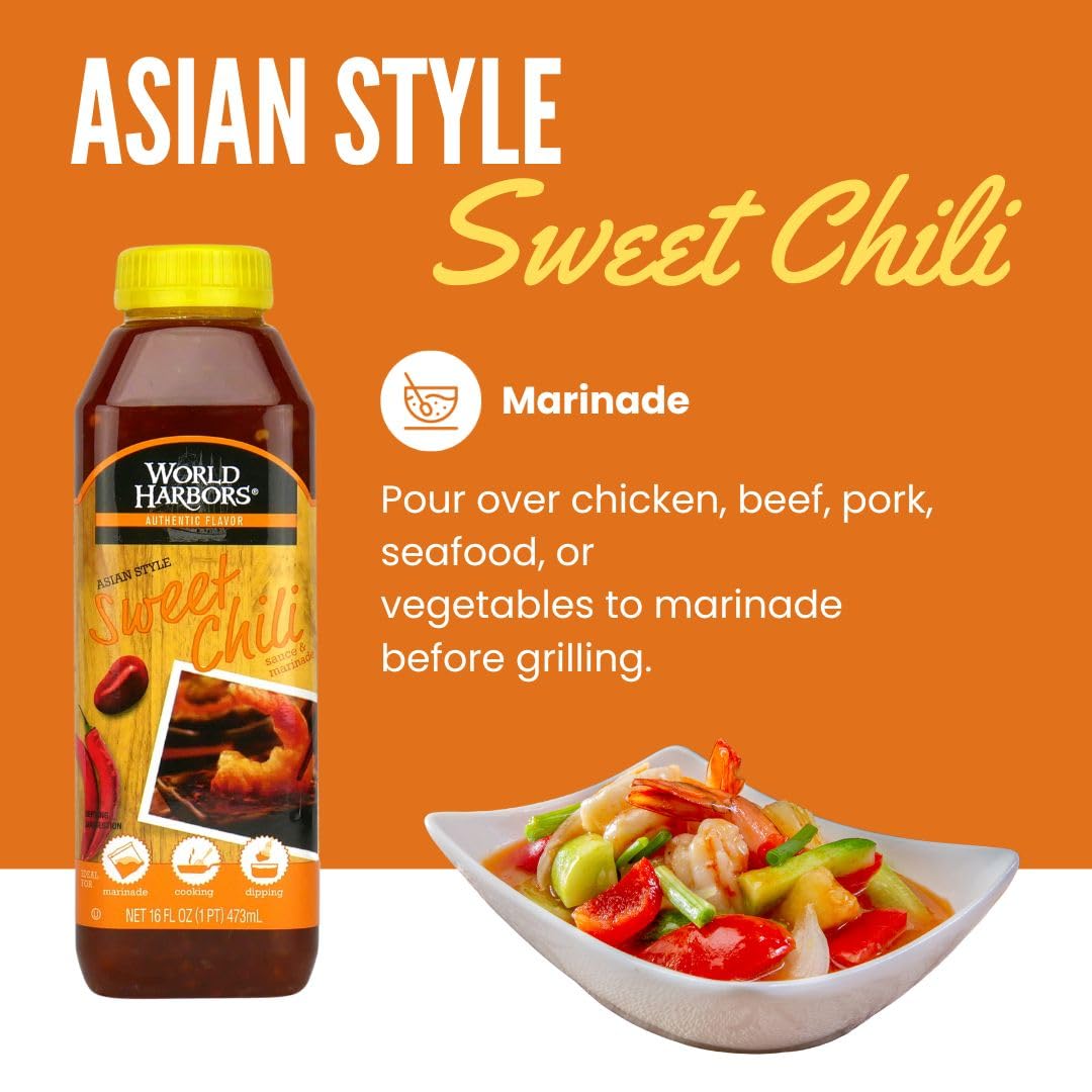 World Harbors Sweet Chili Sauce and Marinade - Thai Sweet Chili Sauce, Ideal for Chicken Wings, Seafood, Grilled Meats, Salads, Stir-Fries, Sweet