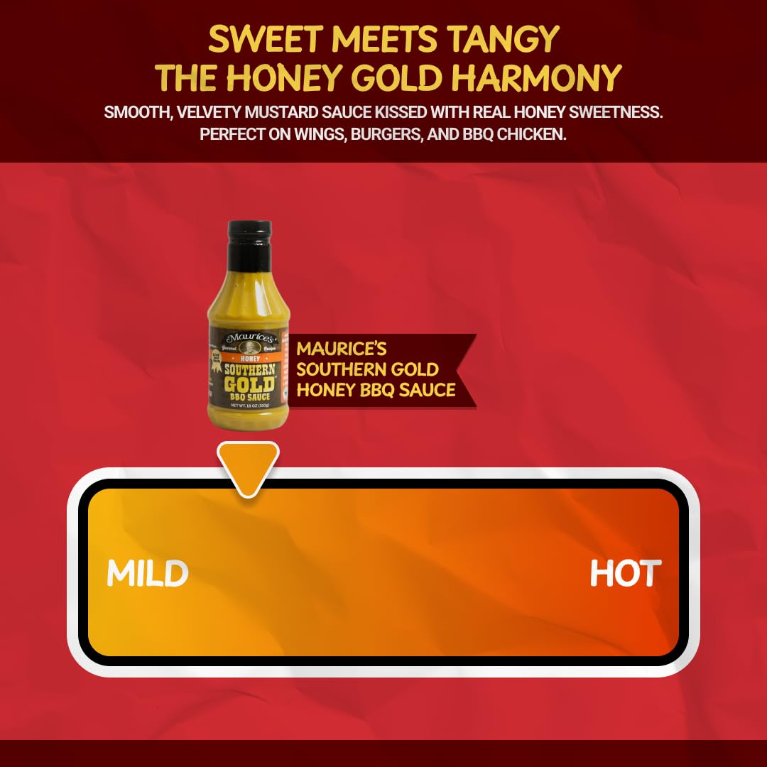 Maurice’s Southern Gold BBQ Sauce, Honey Flavor - Carolina Gold Barbecue Sauce with Sweet Flavor - Authentic Carolina Barbeque Dressing