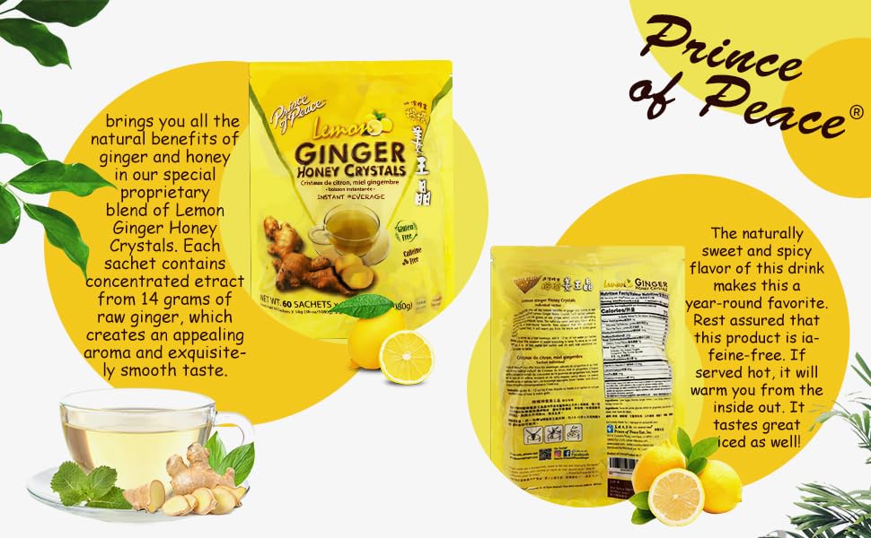 Prince of Peace Instant Ginger Honey Crystals with Lemon, 60 Sachets - Instant Hot or Cold Beverage - Easy to Brew - Drink Like a Tea - Caffeine