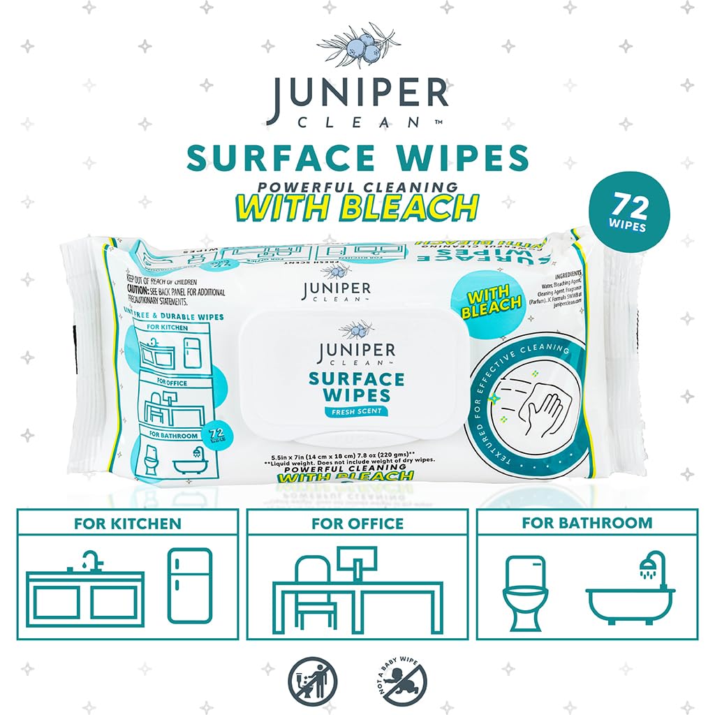 Juniper CLEAN 24 Pack Surface Cleaning Wipes with Bleach, All-Purpose Cleaner for Bathroom, Kitchen, Office, 1728 Count Soft Flow, Fresh Scent, Lint